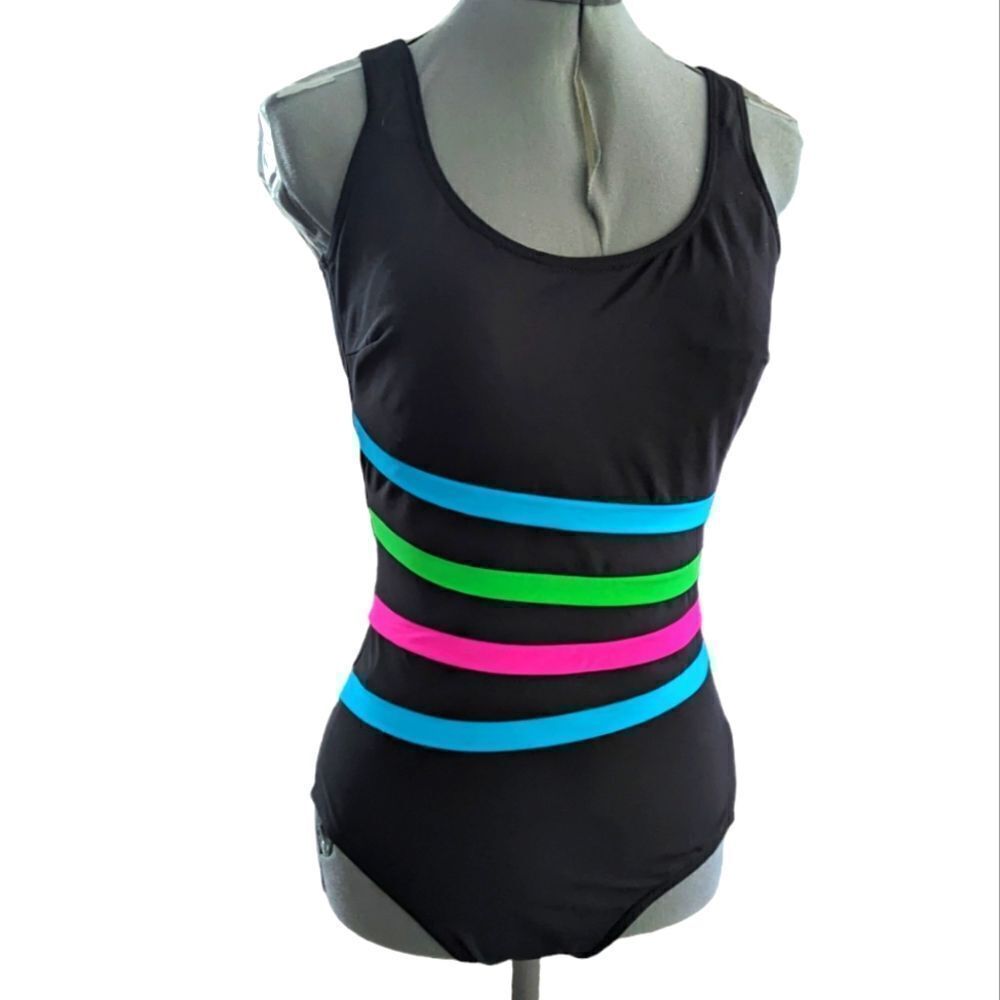 Le Cove women's vintage black and‎ florescent striped swim suit size 12